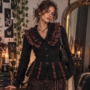 Whimsygoth Ruffle Cardigan Avant-garde Victorian Gothic Romantic Sweater SZ M